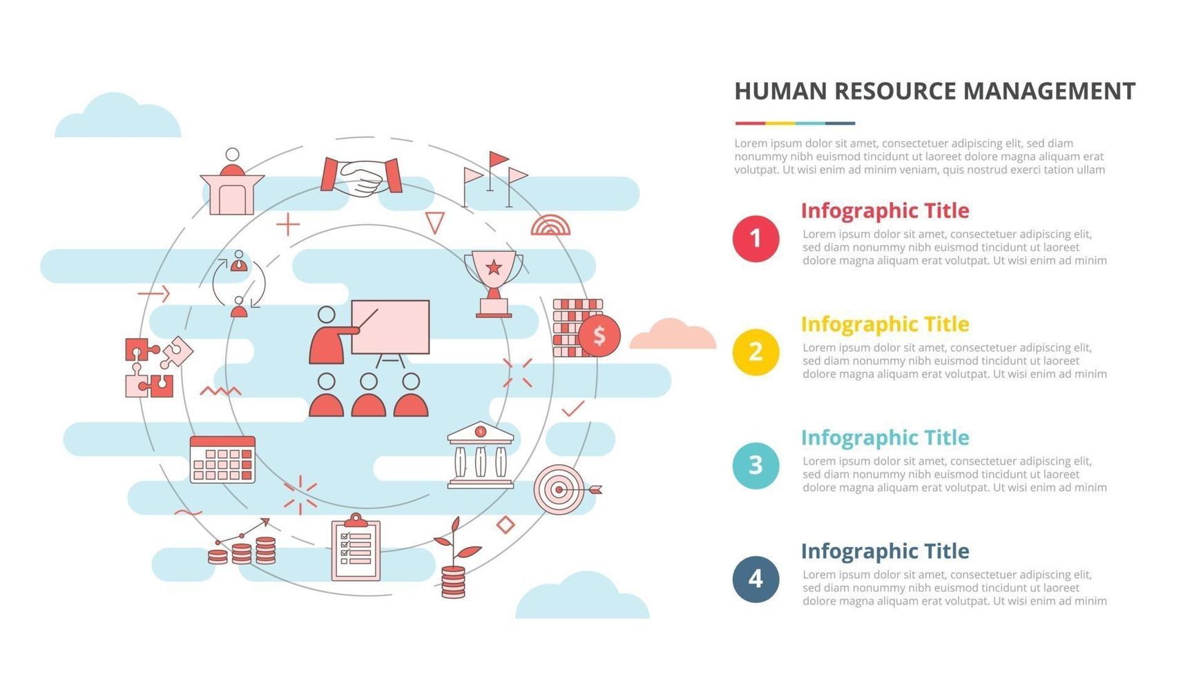 concept de gestion des ressources humaines hrm pour la bannière de modèle infographique avec des informations de liste en quatre points vecteur