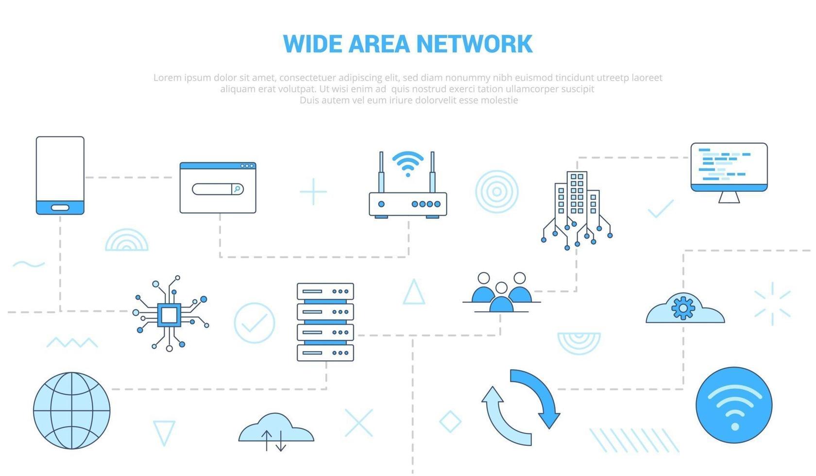 concept internet de réseau étendu wan avec bannière de modèle de jeu d'icônes avec style de couleur bleu moderne vecteur