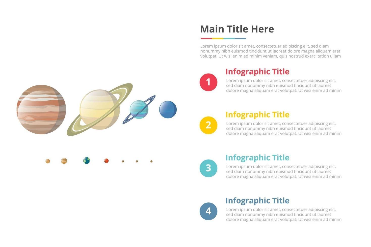 diverses planètes dans le modèle d'infographie de comparaison de taille de galaxie avec 4 points de description de texte d'espace libre - illustration vectorielle vecteur