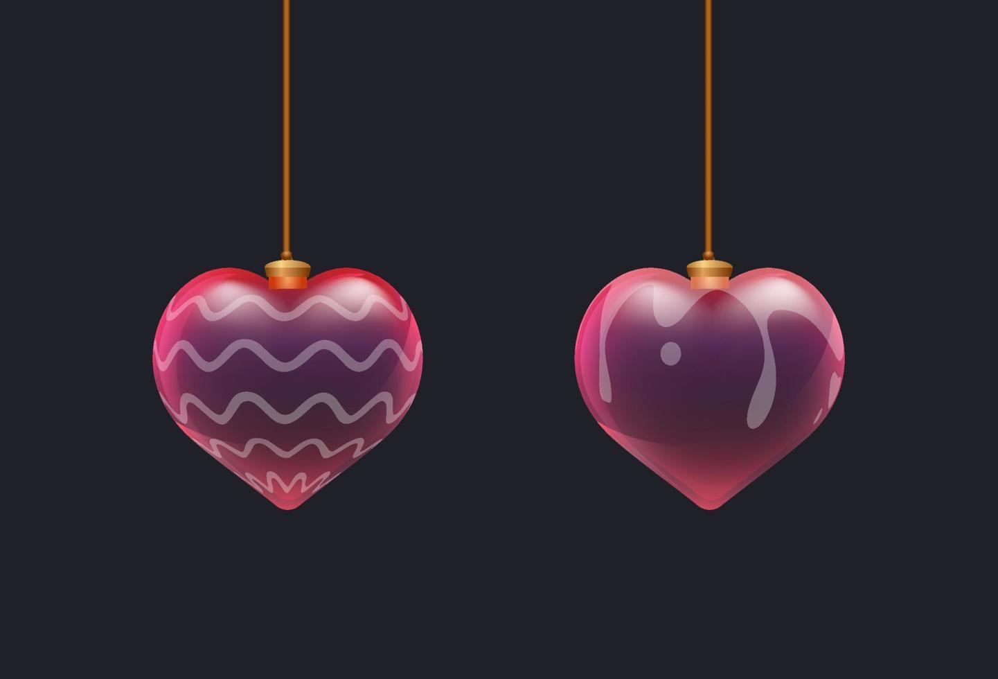 paire de jouets coeur en verre rouge 3d avec motif sur la surface. éléments de la saint-valentin. décor pour impression, flyer, bannière, web ou publicité vecteur