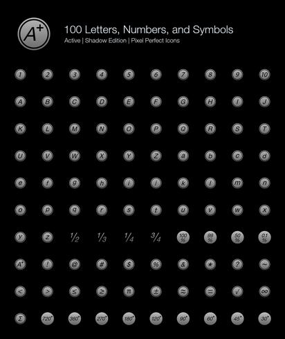 100 lettres, chiffres et symboles Pixel Perfect Icons (Filled Style Shadow Edition). vecteur