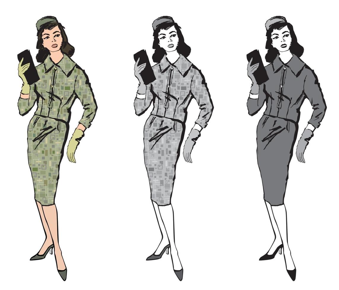femme de mode décontractée élégante. ensemble de style de robe d'affaires de mode des années 1960 vecteur