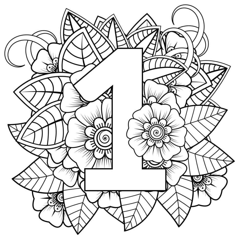 numéro un avec ornement décoratif de fleur de mehndi dans la page de livre de coloriage de style oriental ethnique vecteur