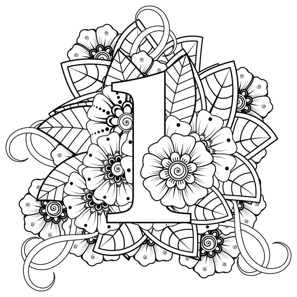 numéro un avec ornement décoratif de fleur de mehndi dans la page de livre de coloriage de style oriental ethnique vecteur