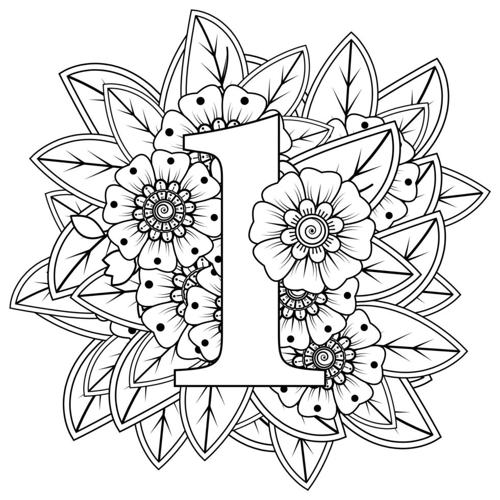 numéro un avec ornement décoratif de fleur de mehndi dans la page de livre de coloriage de style oriental ethnique vecteur