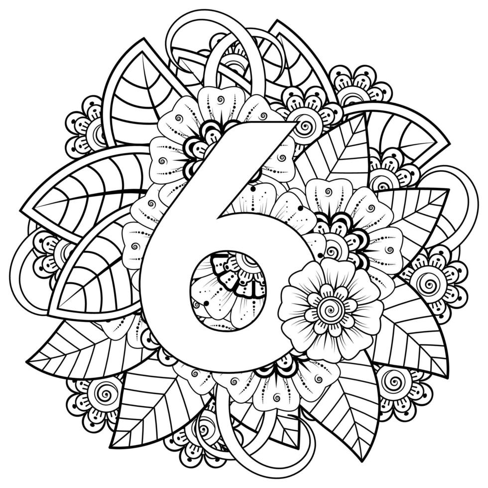 numéro 6 avec ornement décoratif de fleur de mehndi dans la page de livre de coloriage de style oriental ethnique vecteur