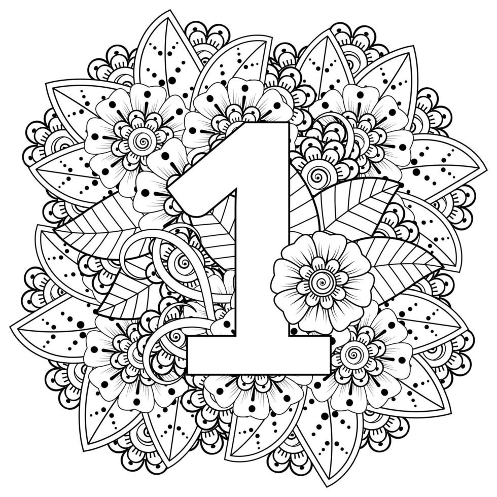 numéro un avec ornement décoratif de fleur de mehndi dans la page de livre de coloriage de style oriental ethnique vecteur