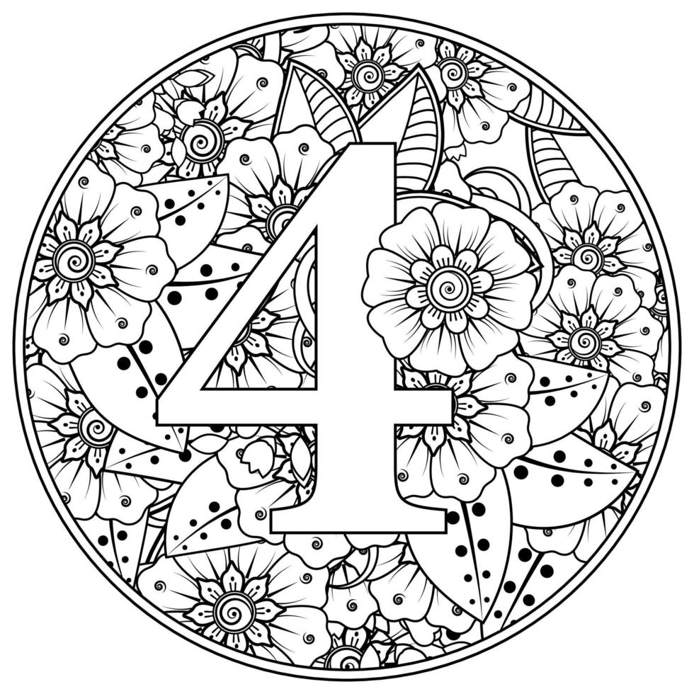 numéro 4 avec ornement décoratif de fleur de mehndi dans la page de livre de coloriage de style oriental ethnique vecteur