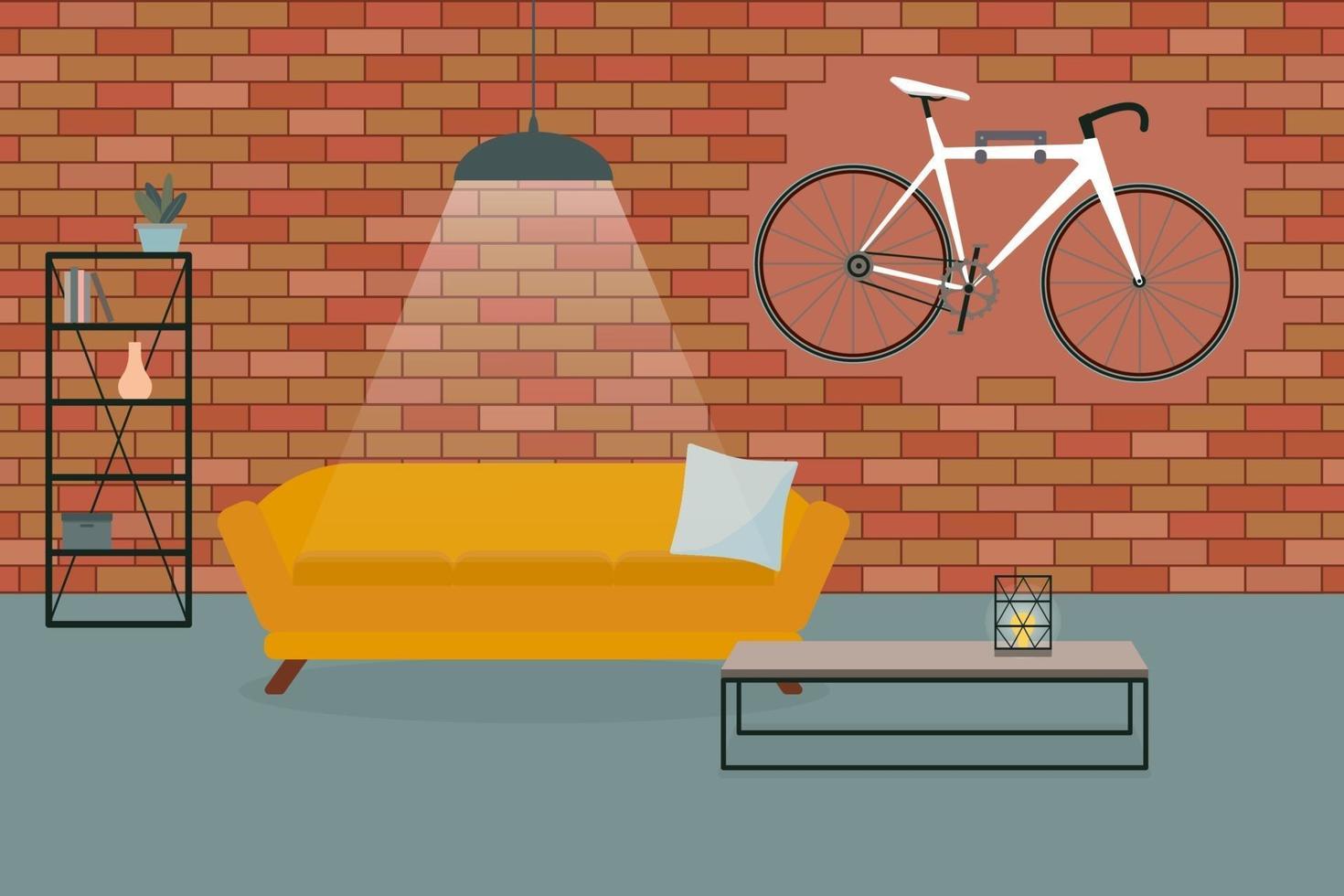 intérieur de salon de style loft minimaliste avec mur de briques, canapé, vélo au mur. vecteur