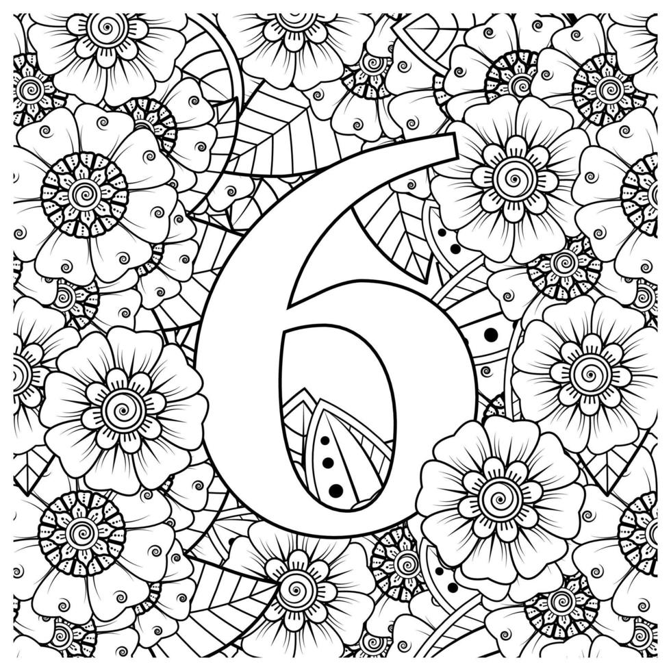 numéro 6 avec ornement décoratif de fleur de mehndi dans la page de livre de coloriage de style oriental ethnique vecteur