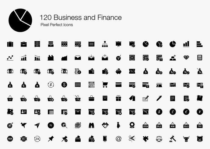 120 Affaires et finances Pixel Perfect Icons (Style rempli). vecteur