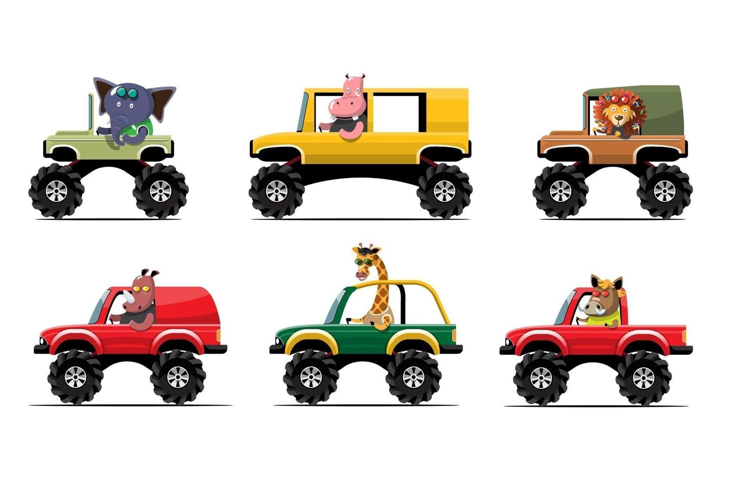 conducteur d'animaux, véhicule pour animaux de compagnie et éléphant, hippopotame, lion, rhinocéros, girafe, sanglier, heureux en voiture. vecteur