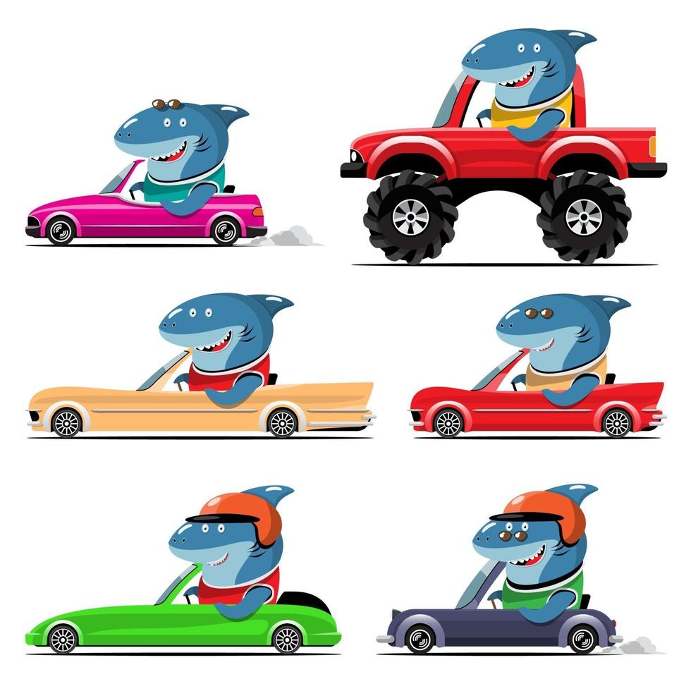 conducteur nimal, véhicule pour animaux de compagnie et requin heureux en voiture. vecteur