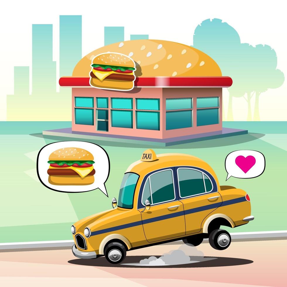 le chauffeur de taxi s'est garé sur le bord de la route devant un magasin de hamburgers pour l'acheter vecteur