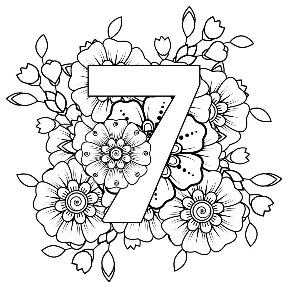 numéro sept avec ornement décoratif de fleur de mehndi dans la page de livre de coloriage de style oriental ethnique vecteur