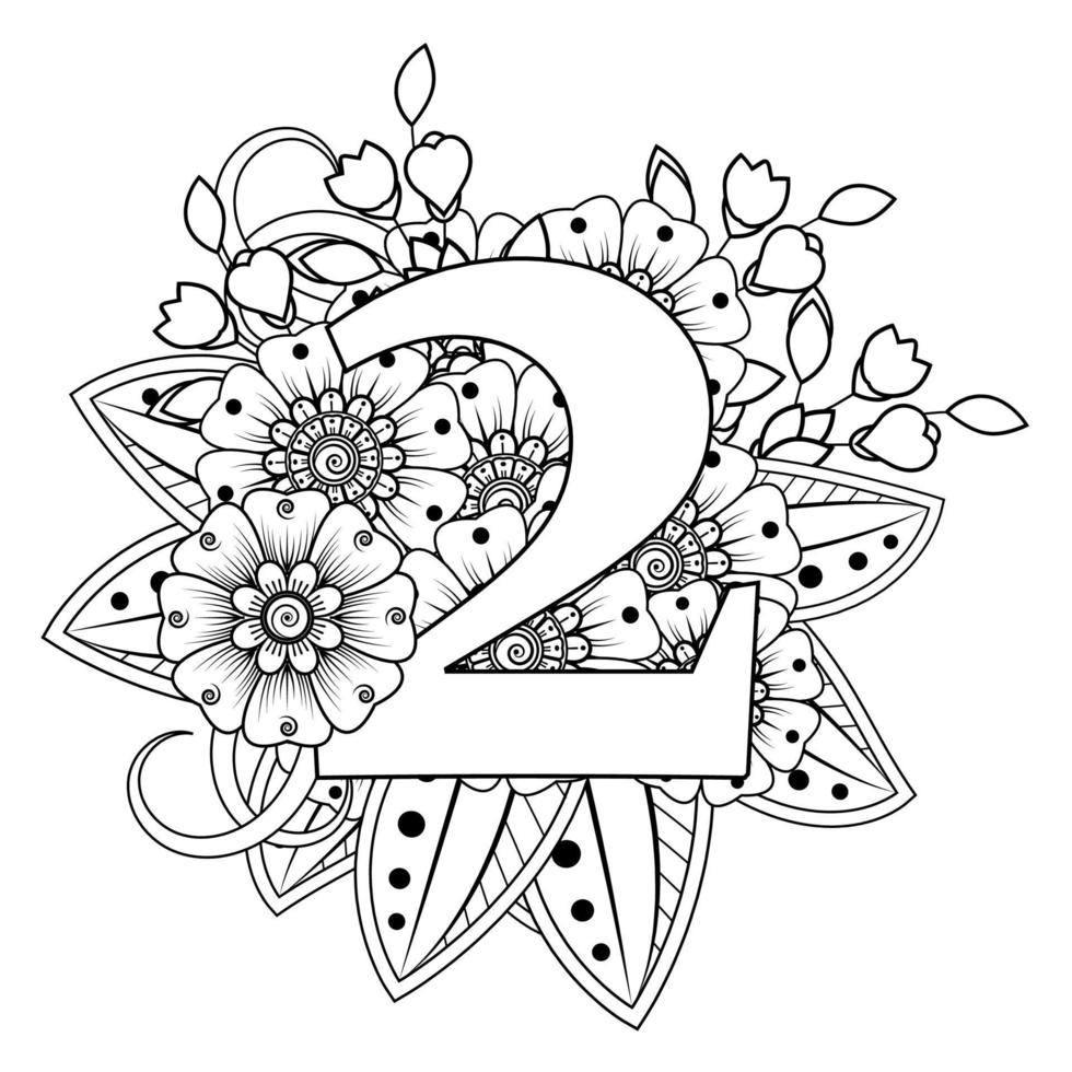 numéro 2 avec ornement décoratif de fleur de mehndi dans la page de livre de coloriage de style oriental ethnique vecteur