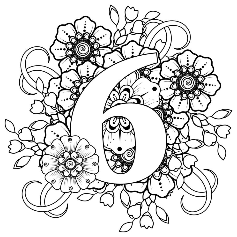 numéro 6 avec ornement décoratif de fleur de mehndi dans la page de livre de coloriage de style oriental ethnique vecteur