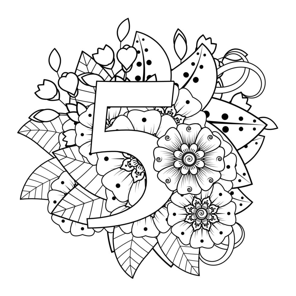 numéro 5 avec ornement décoratif de fleur de mehndi dans la page de livre de coloriage de style oriental ethnique vecteur