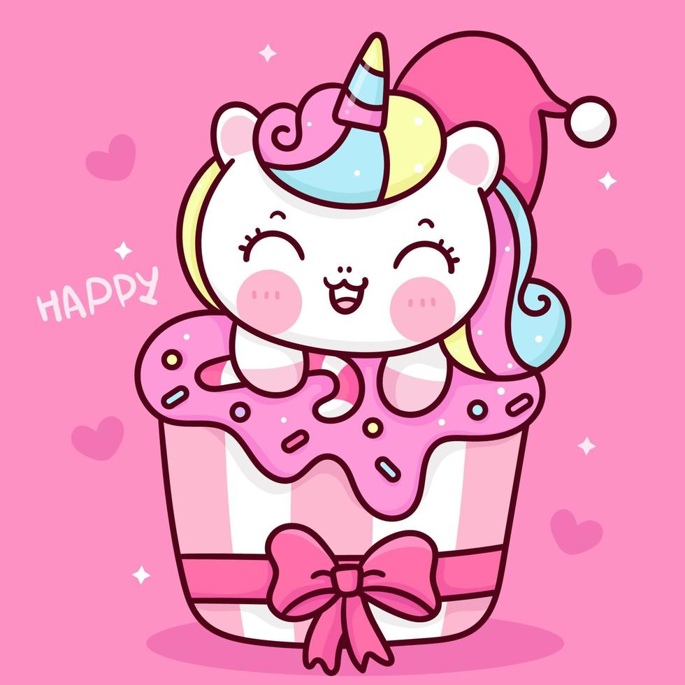 Cute santa licorne avec dessin animé kawaii cupcake de Noël vecteur