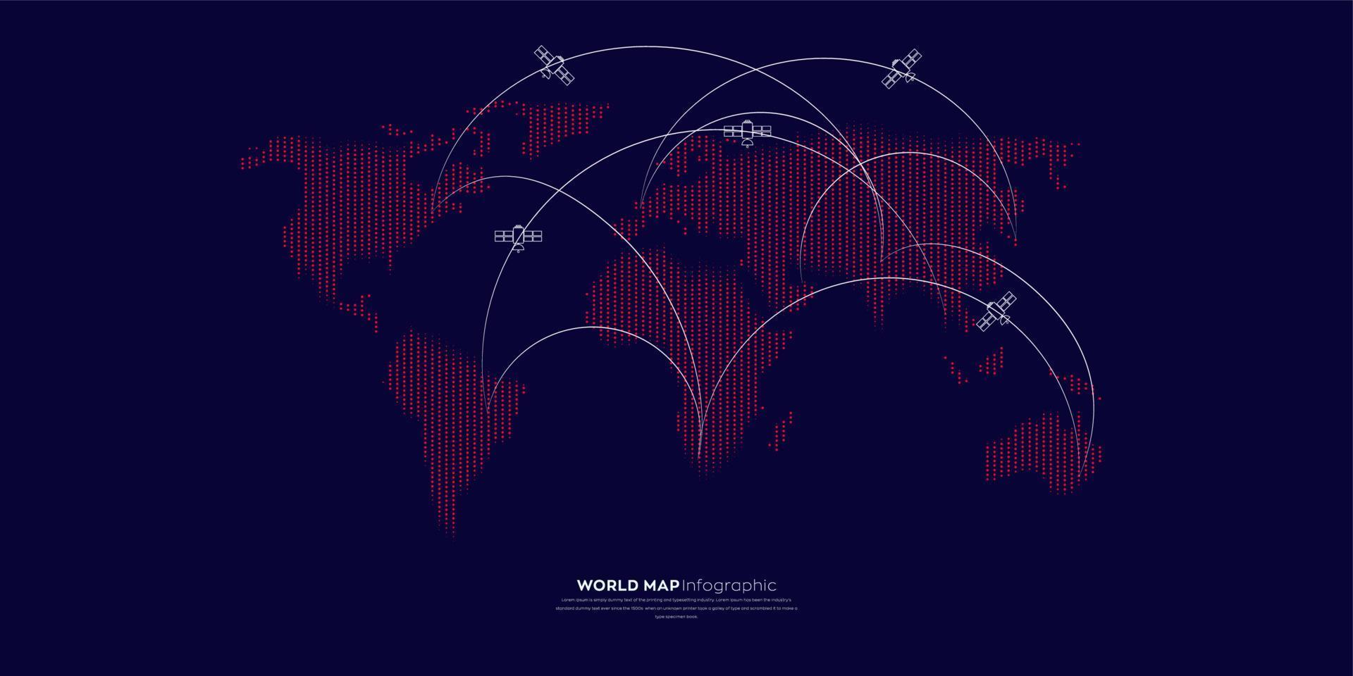 infographie de la carte du monde. connexion au réseau mondial. carte du monde en pointillés demi-teintes. illustration vectorielle carte de silhouette isolée sur fond sombre. vecteur