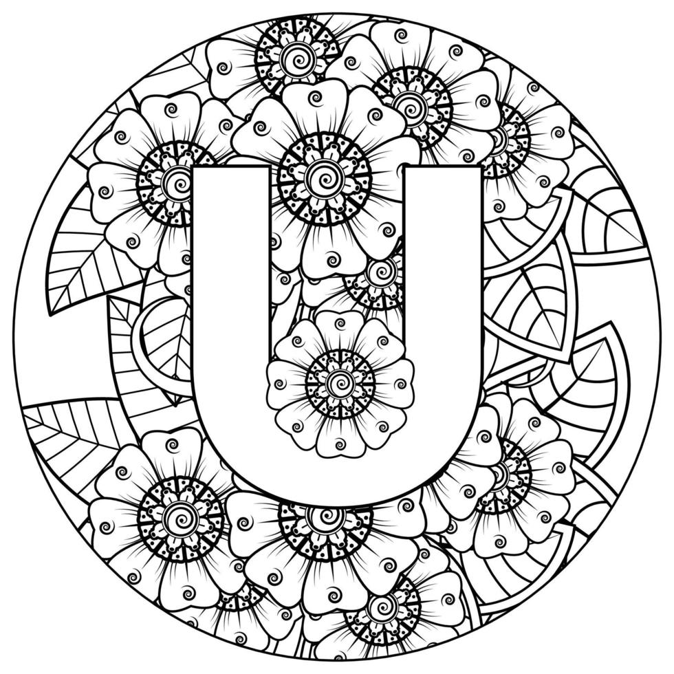 lettre u avec fleur de mehndi. ornement décoratif en oriental ethnique. contour illustration vectorielle de dessin à la main. vecteur