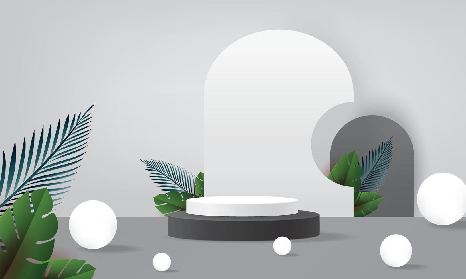 abstrait noir blanc 3d podium maquette tropicale scène minimale produit de luxe conception d'illustration vectorielle vecteur
