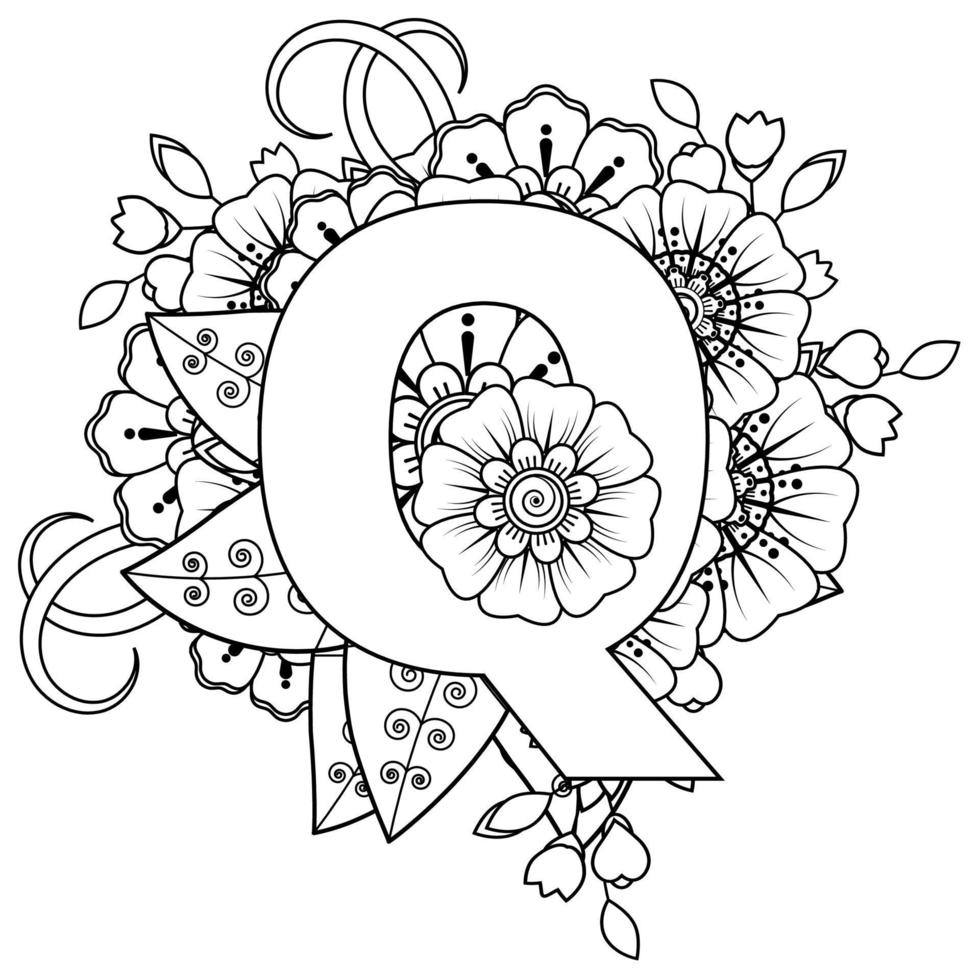 lettre q avec fleur de mehndi. ornement décoratif de style oriental ethnique. page de livre de coloriage. vecteur