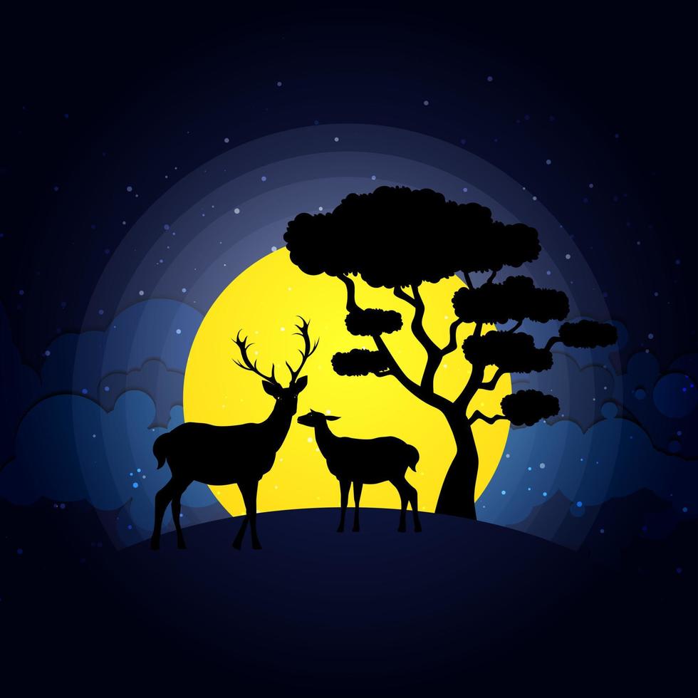 silhouette de cerf debout sur une colline. nuit pleine lune sur le fond. silhouette animale, art du papier vecteur