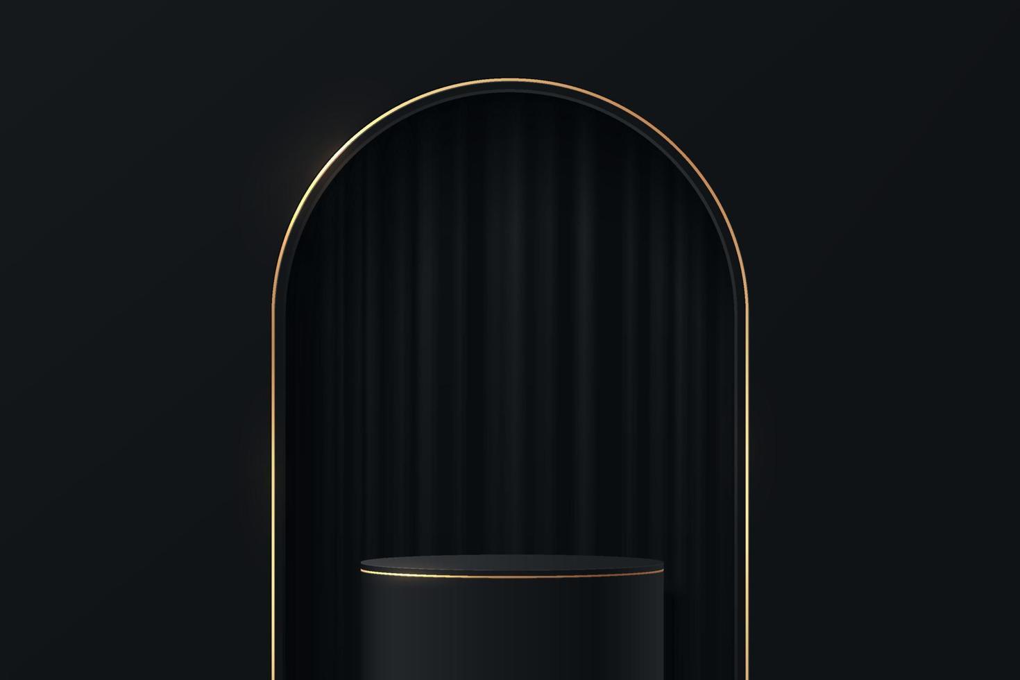 podium de piédestal de cylindre réaliste noir et or avec rideau dans la fenêtre en forme d'arc. salle de studio abstraite de vecteur avec plate-forme géométrique 3d. scène minimale de luxe pour la vitrine des produits, l'affichage de la promotion.