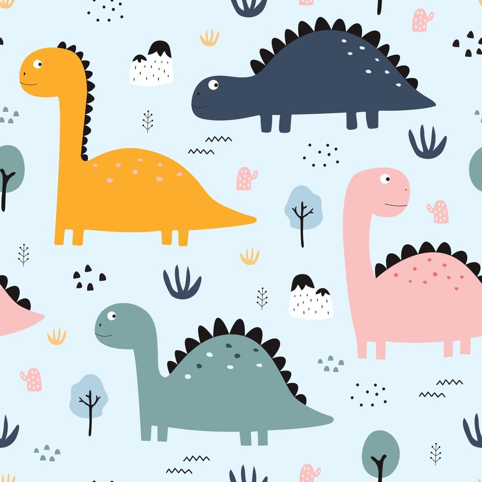 dinosaures et arbres modèle sans couture mignon dessin animé animal fond dessiné à la main dans le style enfant la conception utilisée pour l'impression, le papier peint, la décoration, le tissu, l'illustration vectorielle textile vecteur