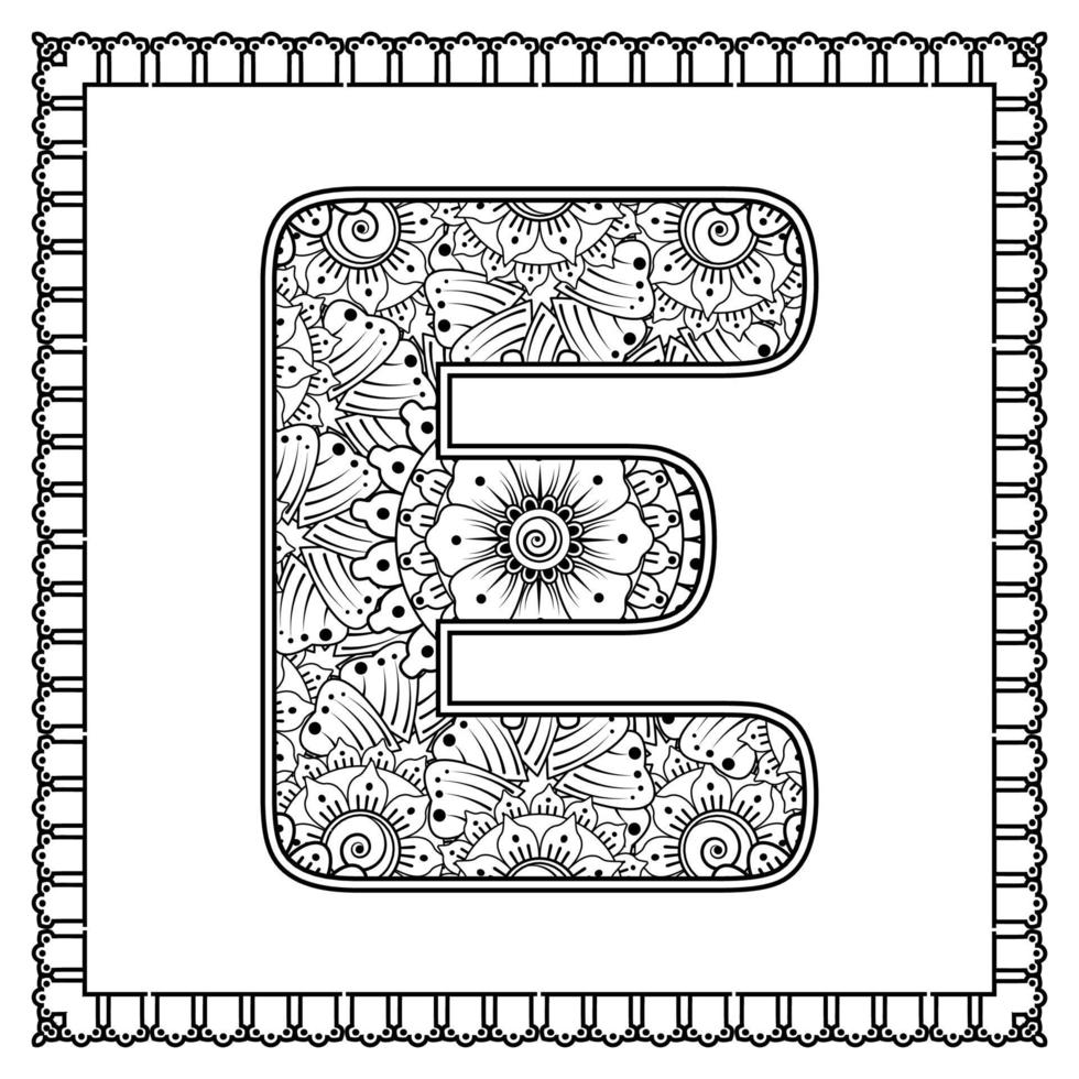 lettre e faite de fleurs dans le style mehndi. page de livre de coloriage. illustration vectorielle de contour à la main. vecteur