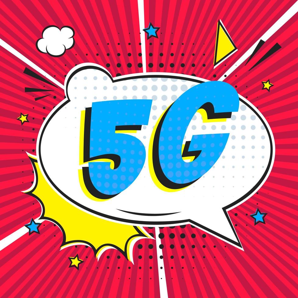 5g nouvelle connexion wifi internet sans fil style bande dessinée bulle d'exclamation texte 5g plat style design illustration vectorielle isolée sur fond de rayons. nouvelle icône de signe internet mobile 5g dans le ballon. vecteur