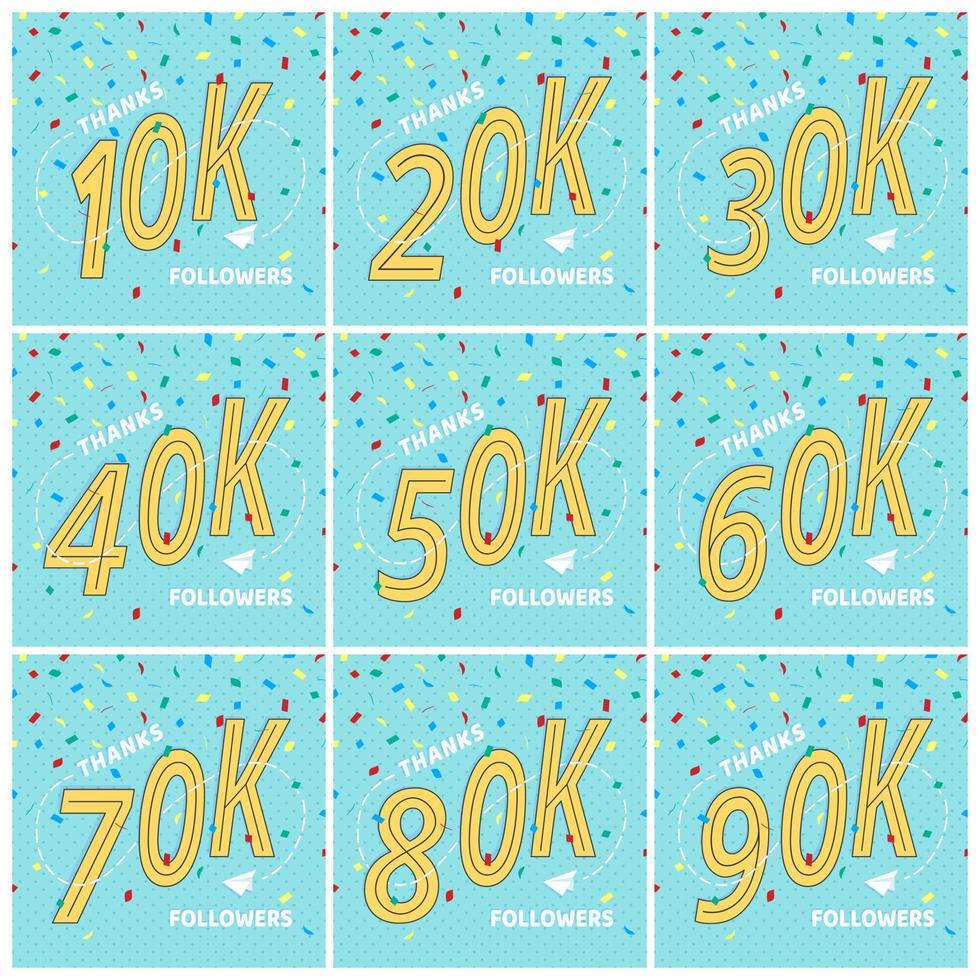 merci 10-90k followers numéros ensemble de cartes postales. félicitant la conception de style plat rétro grâce à l'illustration de vecteur d'image isolée sur fond de confettis. modèle pour les médias Internet, réseau social.