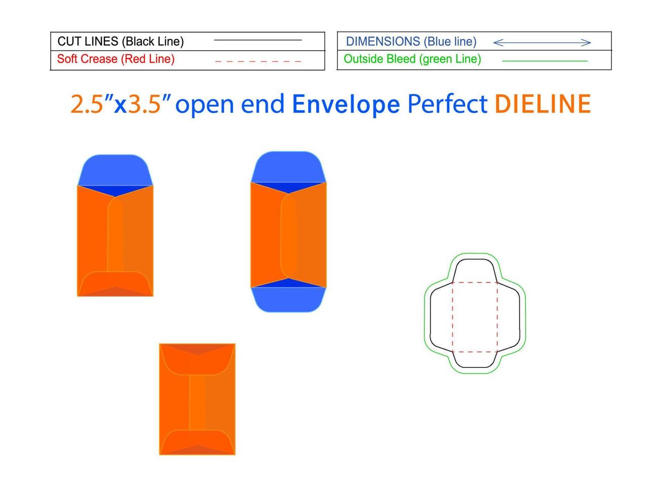 Enveloppe à extrémité ouverte de 2,25 x 3,5 pouces ou modèle de découpe d'enveloppe de catalogue et enveloppe 3d modifiable facilement redimensionnable vecteur