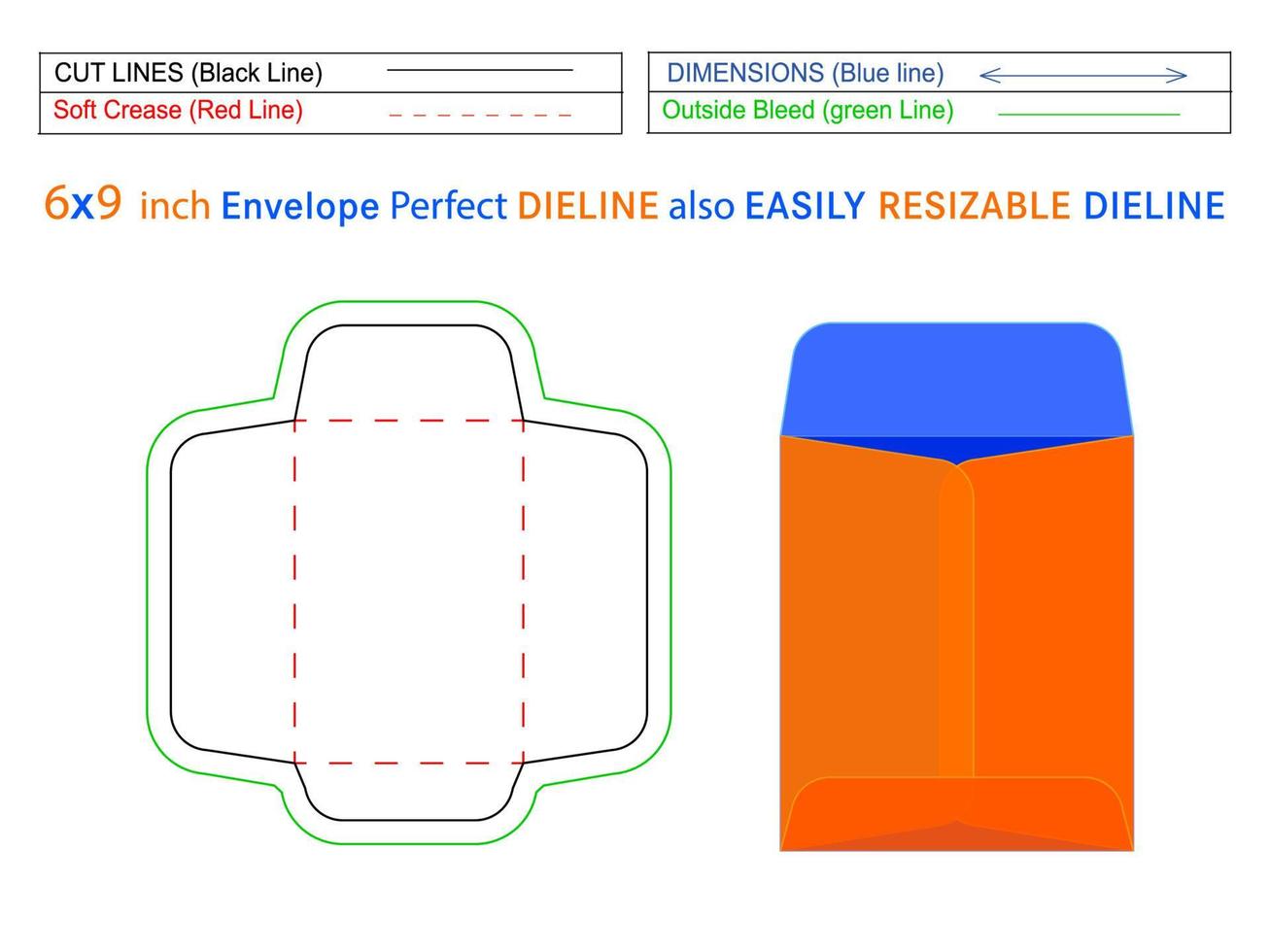 enveloppe à extrémité ouverte ou enveloppe de catalogue modèle de découpe 6x9 pouces et enveloppe 3d modifiable facilement redimensionnable vecteur