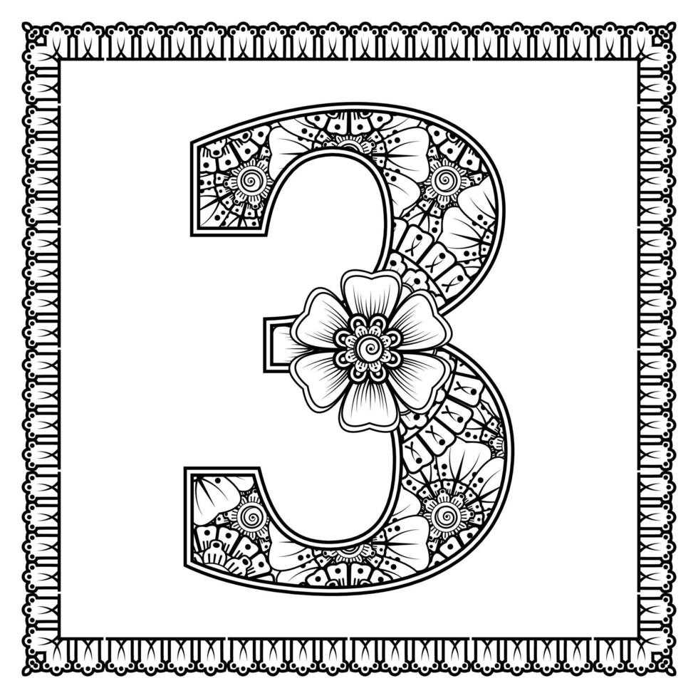 numéro 3 avec fleur de mehndi. ornement décoratif de style oriental ethnique. page de livre de coloriage. vecteur