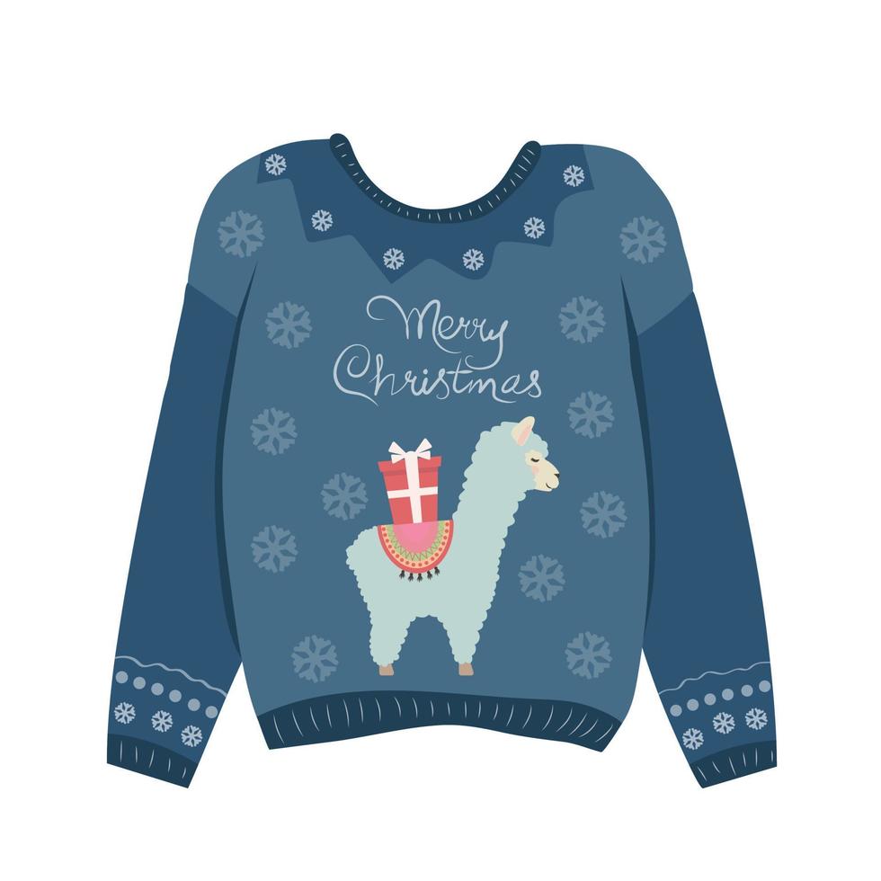 pull de noël avec un joli lama et l'inscription joyeux noël vecteur