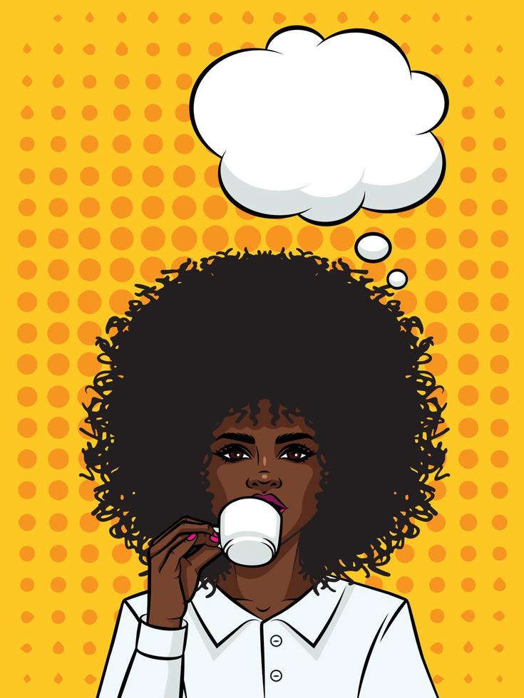 belle femme d'affaires à la peau foncée buvant un café. fille de type afro-américain avec une tasse de café sur fond de style pop art. les filles font face avec une bulle de dialogue et une tasse de thé à la main. vecteur