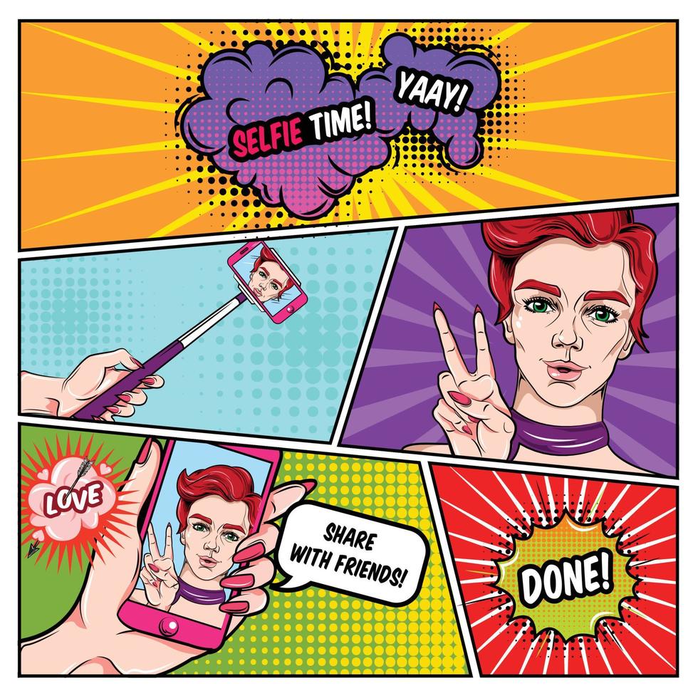 page de bandes dessinées selfie avec femme smartphone et bulles de geste de victoire sur illustration vectorielle de fond pop art vecteur