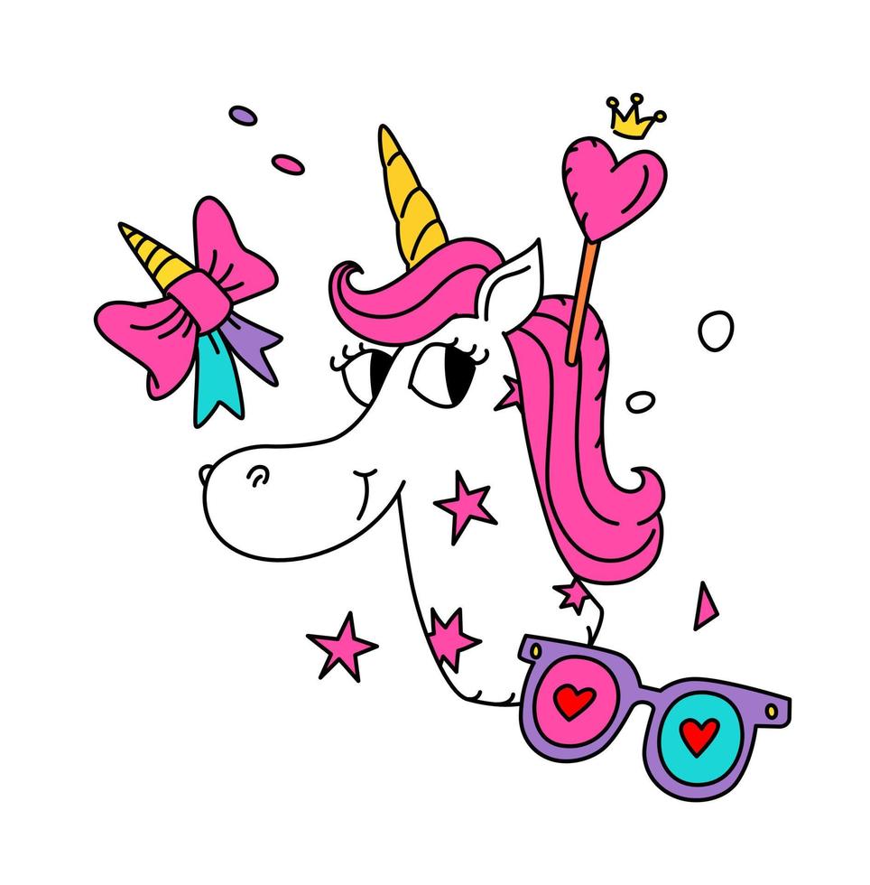 illustration d'une licorne magique avec une crinière rose. vecteur. cheval mignon de héros de dessin animé avec une corne. personnage kawaï. créature mythique, symbolise la chasteté. autocollant avec un animal ironique. vecteur