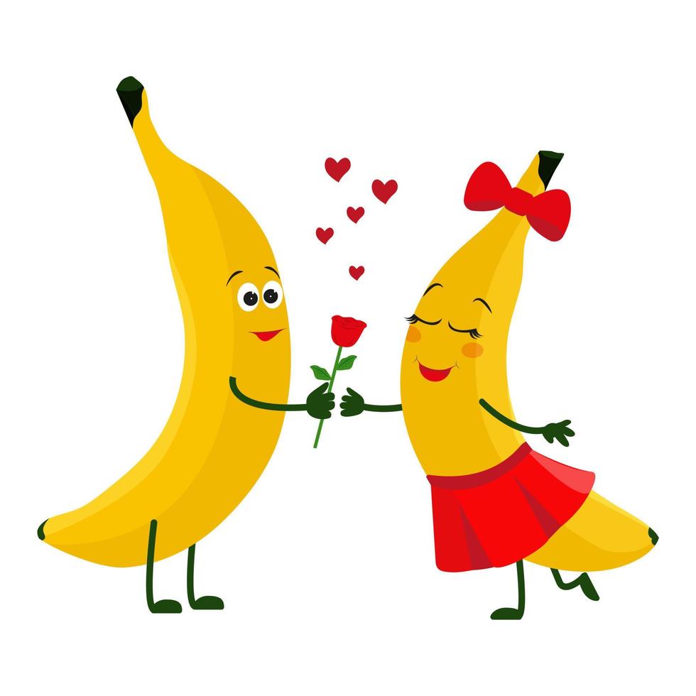 belle carte de saint valentin. personnages de banane amoureux. illustration de dessin animé de vecteur