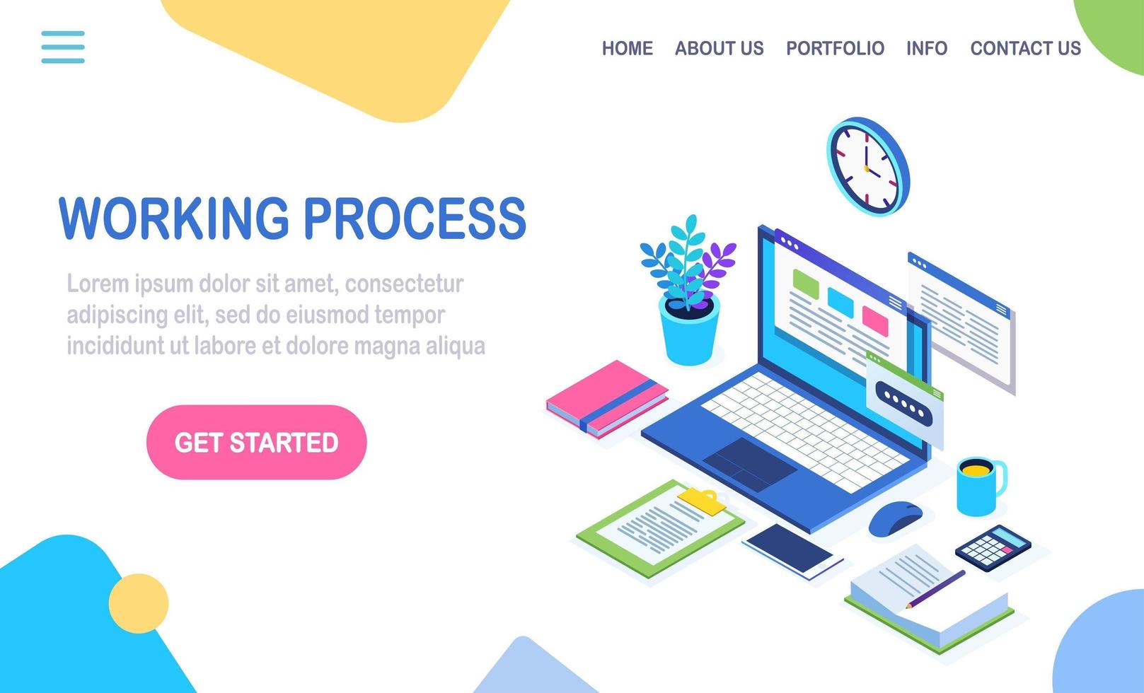 processus de travail. gestion du temps. Lieu de travail de bureau isométrique 3d avec ordinateur, ordinateur portable, pc, téléphone portable, café, horloge, calendrier, document. conception de vecteur pour bannière