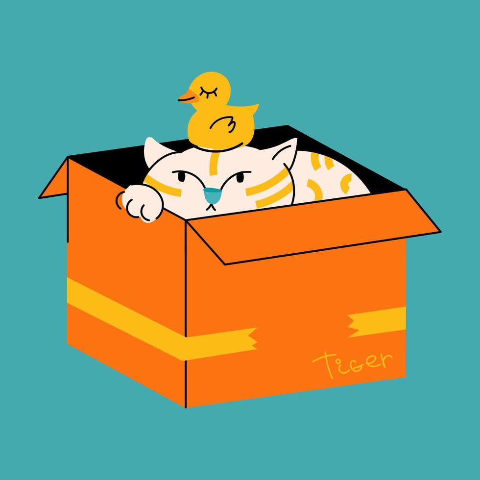 illustration vectorielle animale drôle. le gros chat se cache dans une boîte. conception mignonne pour l'impression. style de dessin à la main vecteur