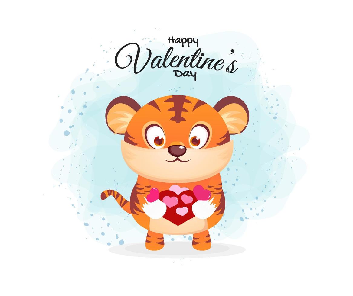 joyeuse saint valentin avec un tigre mignon étreignant un personnage de dessin animé de nombreux coeurs vecteur