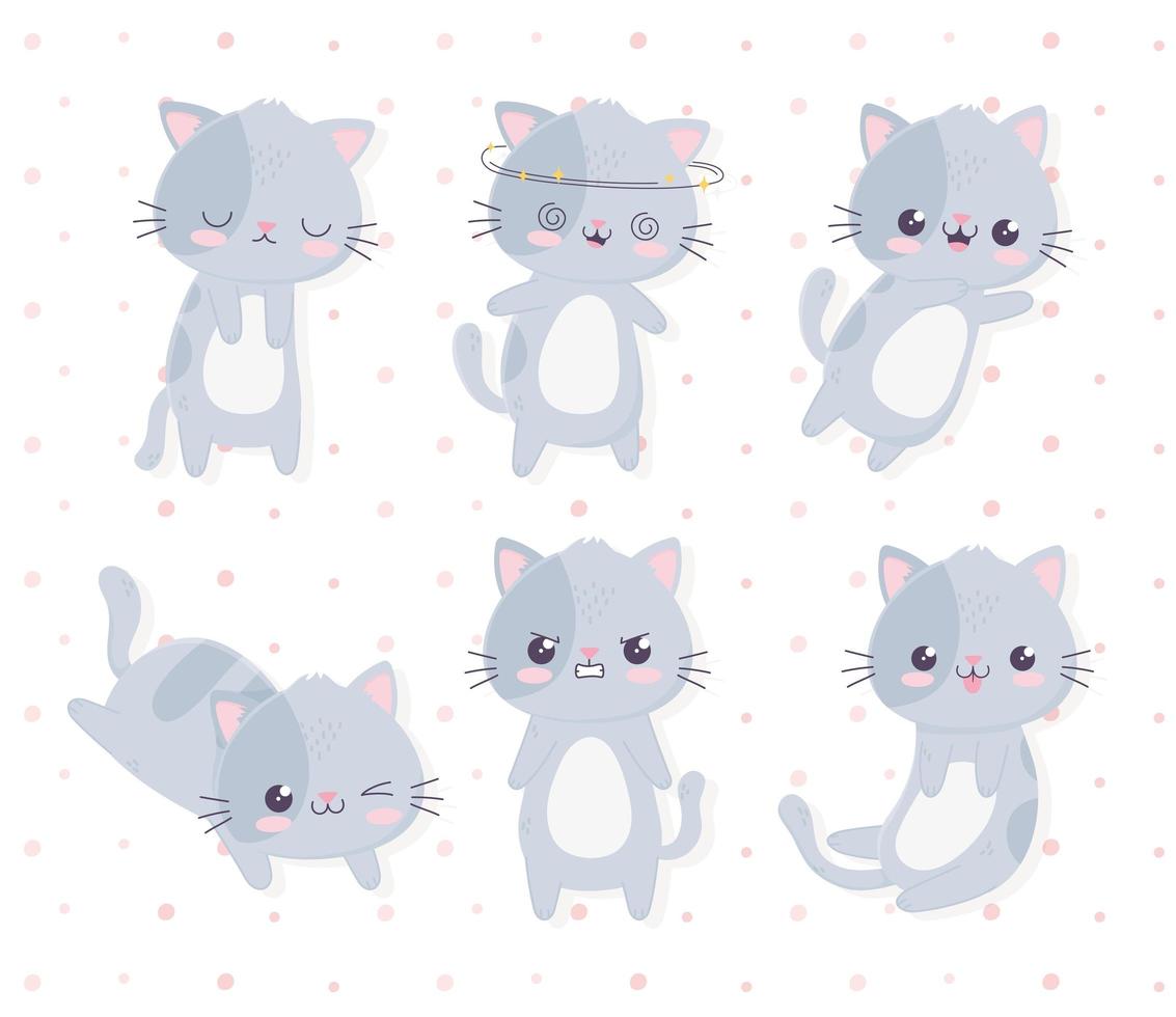 Kawaii cartoon différentes expressions chats mignons vecteur