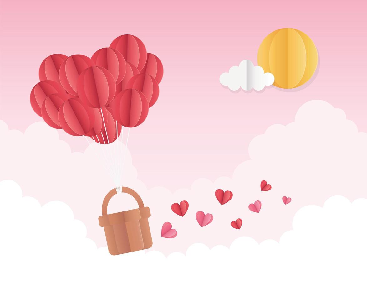 bonne saint valentin origami ballons coeurs panier soleil ciel nuages vecteur