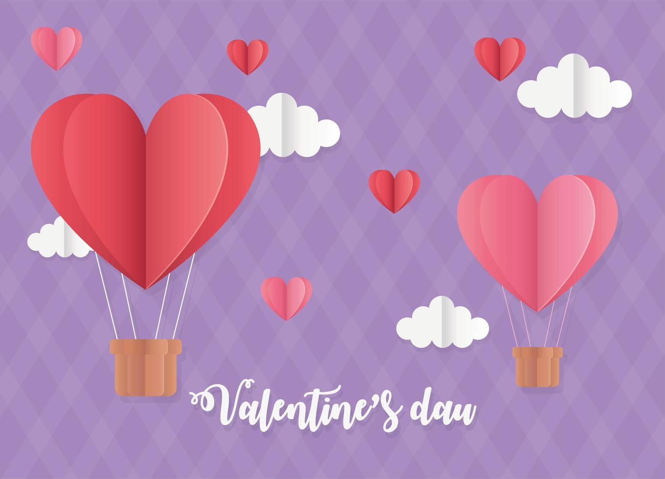 bonne saint valentin origami ballons à air coeurs nuages fond violet vecteur