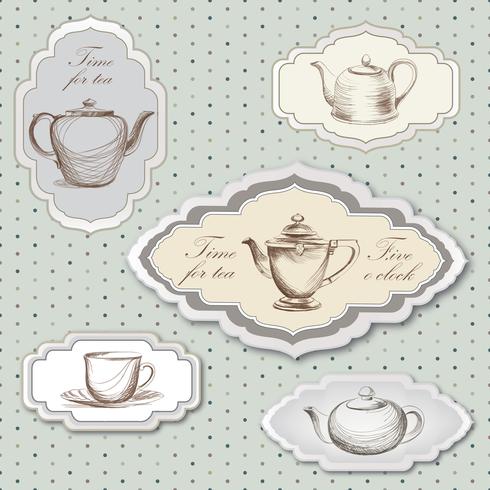 Tasse à thé, pot, carte rétro bouilloire. Ensemble d&#39;étiquettes vintage de l&#39;heure du thé. Boissons chaudes vecteur