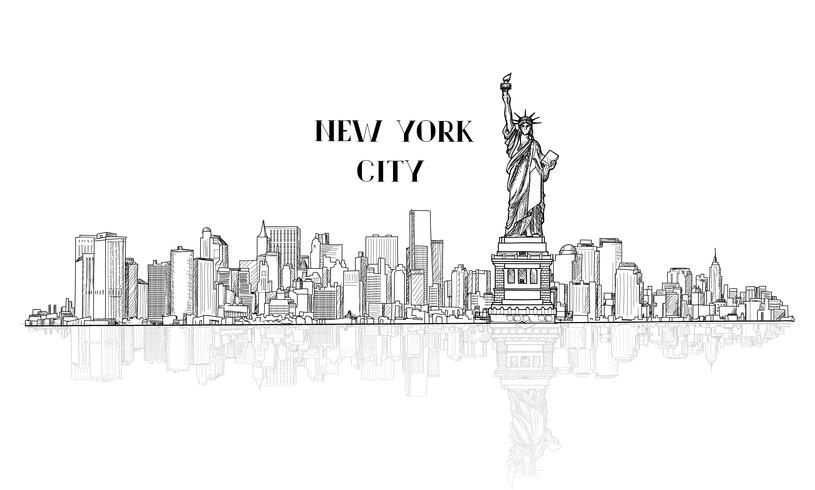 Silhouette de la ville skyline de New York, USA avec monument de la Liberté vecteur