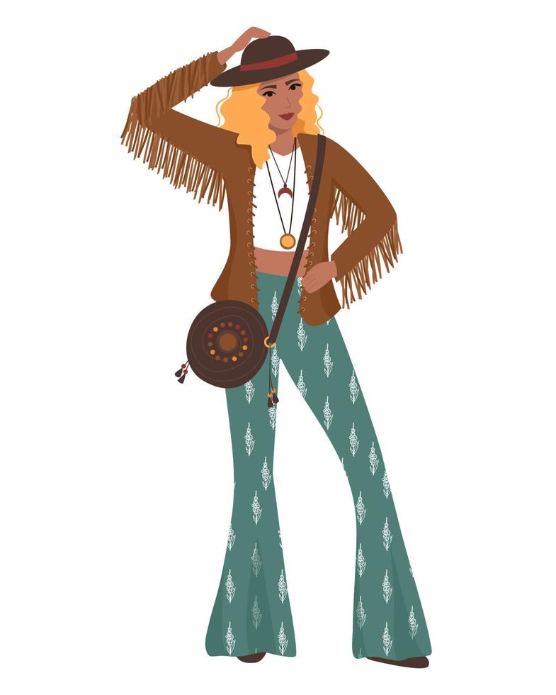femme en vêtements boho. jolie femme dans des vêtements à la mode avec des motifs ethniques. illustration vectorielle plane. vecteur
